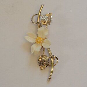 Vintage Kenzo Gold & Ivory Floral Brooch With Leaf Accents 2" Long 12K Gold Fill